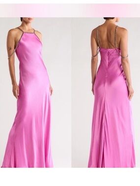 NWT L'AGENCE Majesty Chain-Trim Satin Gown in Magenta Pink Size US 8